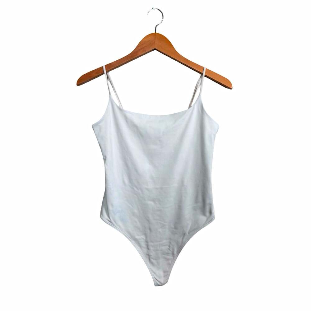 Babaton Womens White Adjustable Strap Stretch Solid Bodysuit Size L